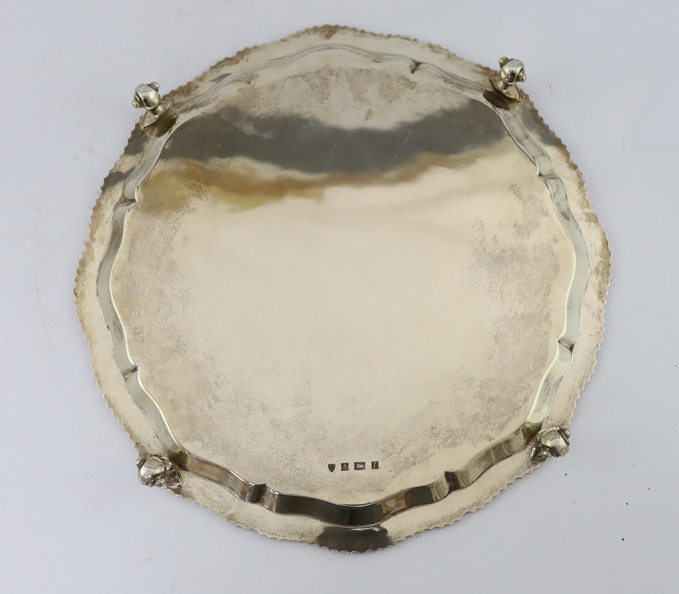 A Far Eastern white metal oval tray, with gadrooned and beaded rim, stamped silver, 45cm